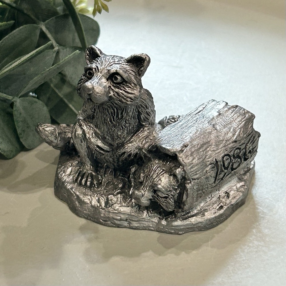 VTG Michael Ricker Solid Pewter Raccoons/Log Signed/Numbered Made In USA 1986